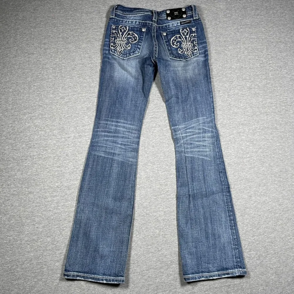 Miss Me Jeans Juniors 14 Blue Bootcut Mid Rise Embroidered Rhinestone Studded
